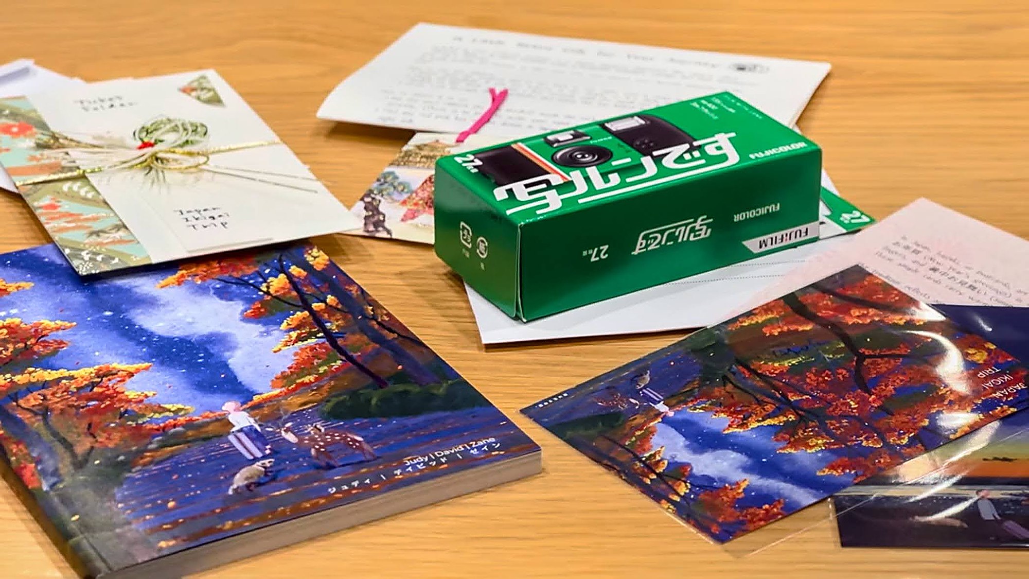 The Travel Bible with the letters, envelope and disposable camera it arrives with