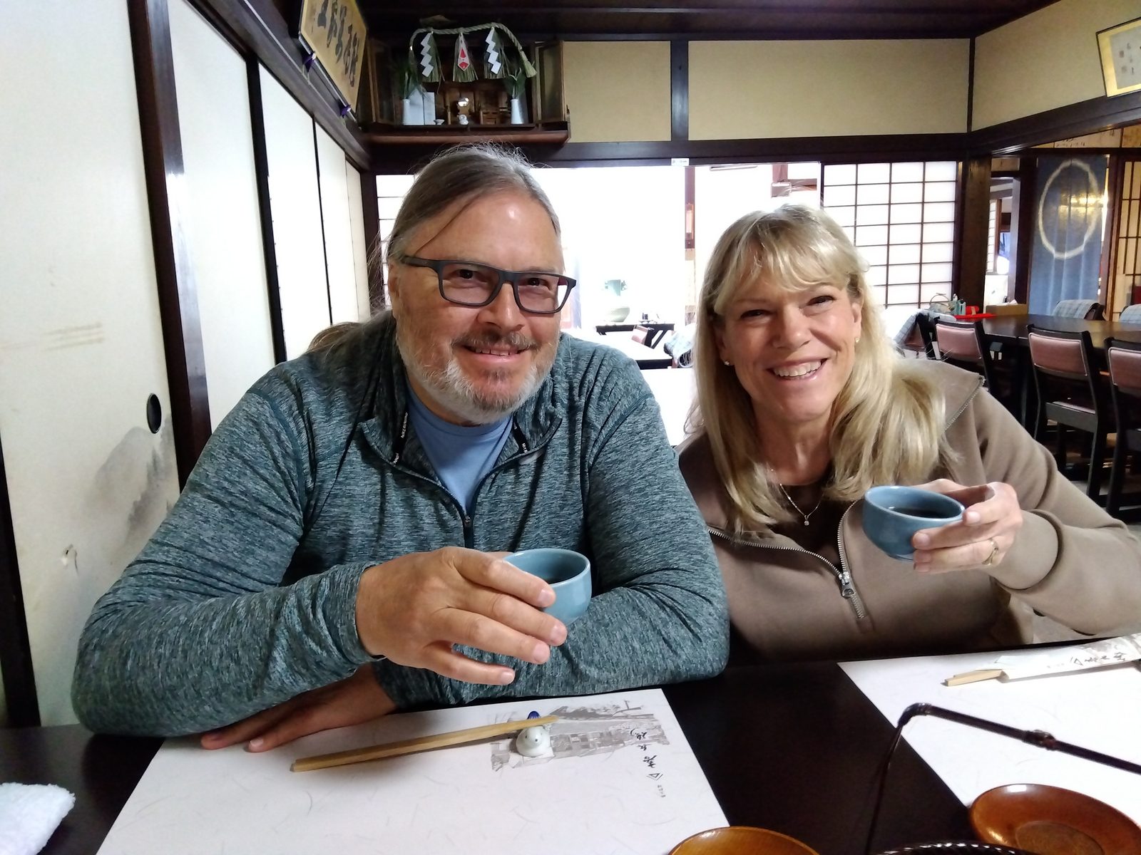 Rene and Claudio over green tea in a small local restaurant